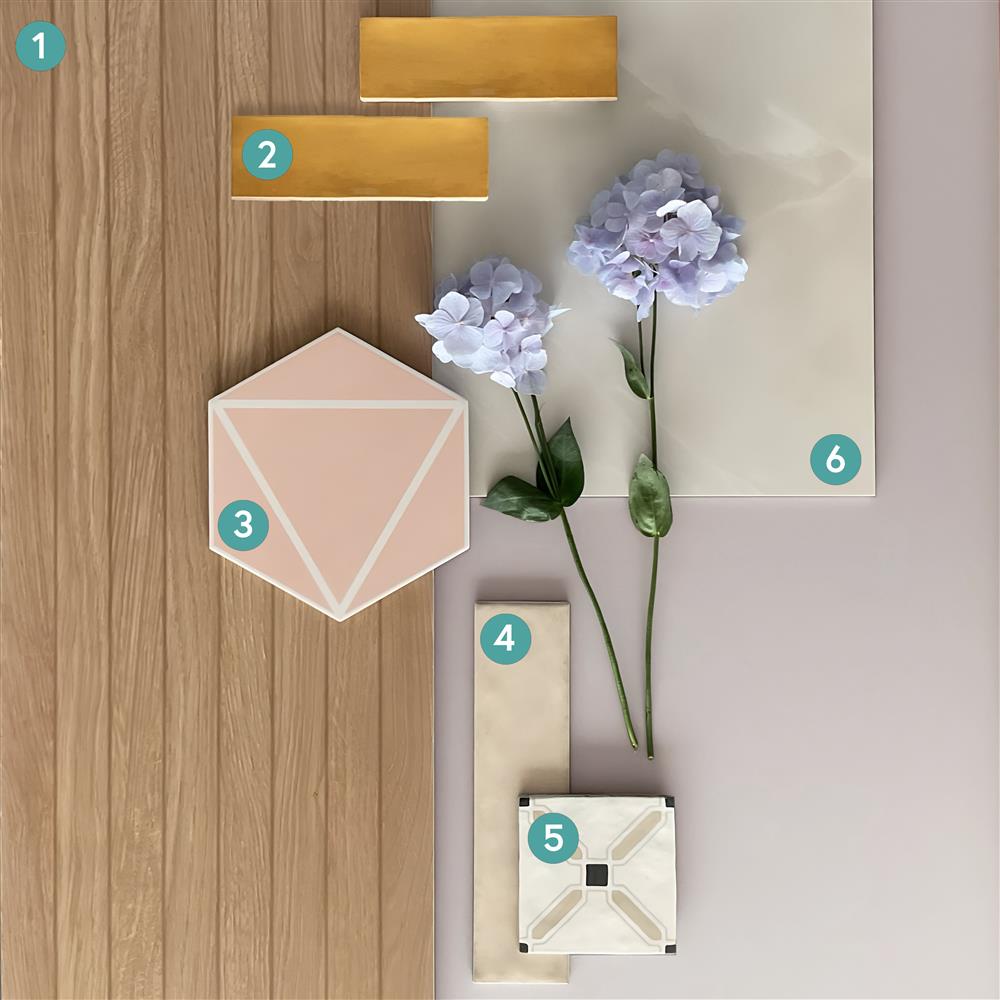 A sample set of deckwood taupe ceramic, Cavendish mustard metro, geo blush hexagon, Marlborough ivory metro, Wentworth cross patterned, and onyx Reale polished porcelain tiles